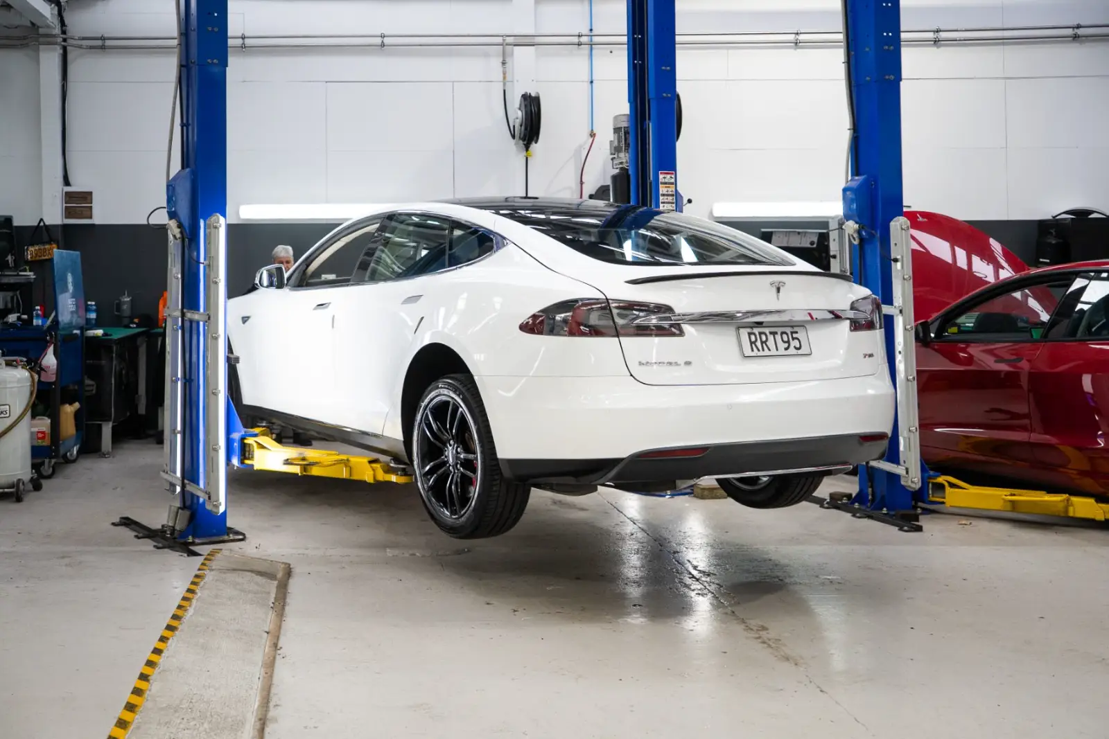 Tesla Model S on the hoist at GVI in Auckland