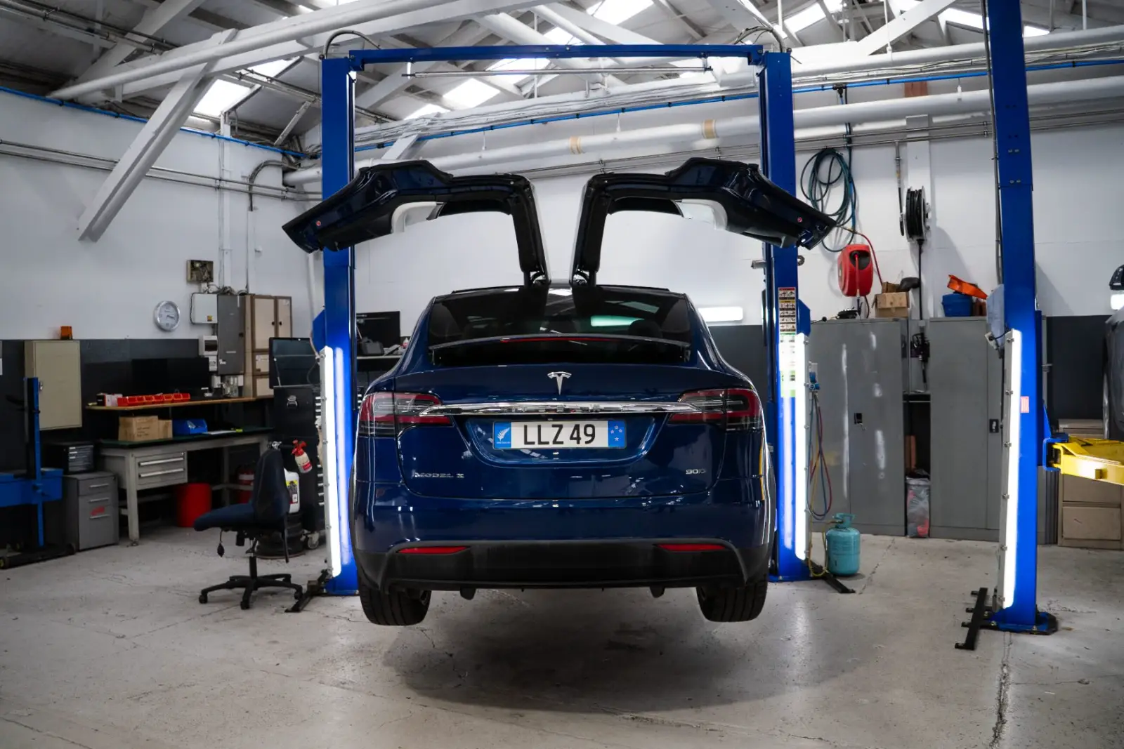 Tesla Model X on the hoist at GVI in Auckland